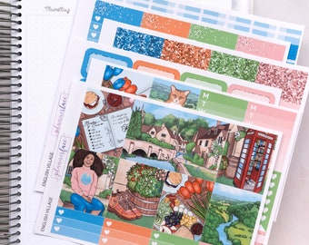 English Village Weekly Sticker Kit for Vertical Planning (7x9, A5) | 6+ Pages of Functional & Decorative Planner Stickers, Memory Keeping