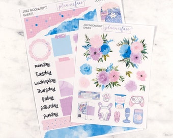 Moonlight Gamer Journalling Kit for Bullet Journals & Notebooks, Scrapbooking Sticker Set, Daily Planner Decoration Bundle with Floral Deco