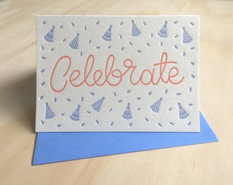 Celebrate Card, Letterpress Celebration Card, Birthday Card, New Born Baby Card, Blue, Peach