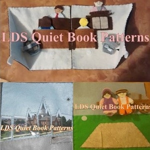 May include: Two images of felt quiet book patterns for children. The first image shows a felt church building with a brown roof and a white steeple. The second image shows a felt temple with a white steeple and a gray roof. The text "LDS Quiet Book Patterns" is visible in both images.