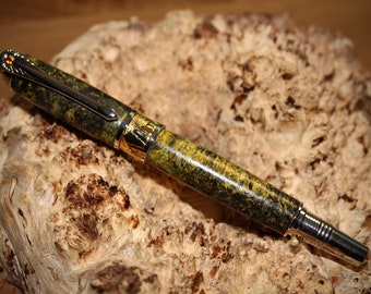 Broadwell Art Deco Black TN and 22 kt Gold Rollerball Pen in stabilized dyed black and yellow Box Elder