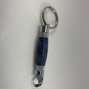 Chrome keychain bottle opener in blue dyed and stabilized maple burl
