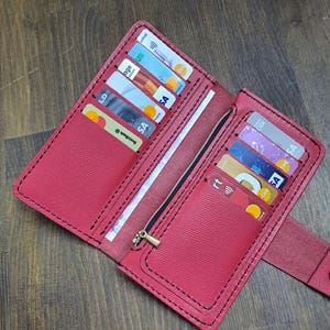 Cartera larga de cuero para mujer hecha a mano / Cartera de cuero personalizada para mujer / Cartera plegable de cuero rojo / MG1291