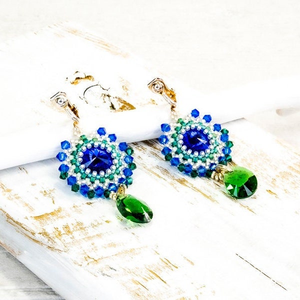 romantische blaue grüne ohrclips ohrringe glasperlenschmuck beadwork geschenk frau weihnachtsgeschenk handgemacht unikat gifts