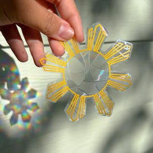 May include: A clear, sun-shaped ornament with yellow detailing. The sunburst design has a central, multifaceted core with radiating rays. The ornament is held by a hand, with a second ornament casting a rainbow shadow on the surface.