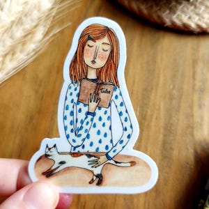 Reading sticker, Cat waterproof stickers, Bookworm bottle stickers, laptop stickers, book stickers, cozy stickers, books and cats stickers