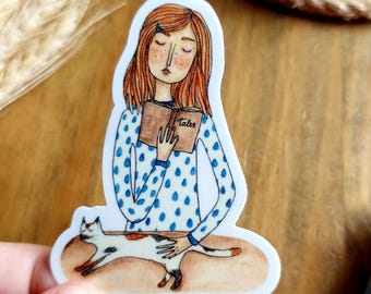 Sticker kattenlezing: laptopsticker gezellige boekenwurm