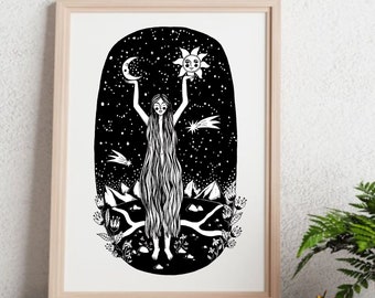 Sun and Moon Goddess Art Print: Feminine Spiritual Illustration