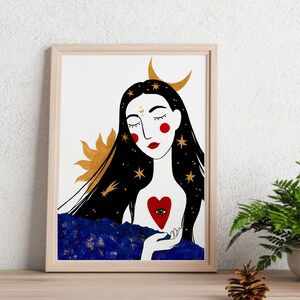 Sun and Moon Goddess Digital print, Sacred heart evil eye Printable art poster