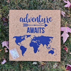 Adventure Awaits - Pinnable Cork Map of the World - International Travel Map /Globe Bulletin Board - Includes 50 Round Pins!