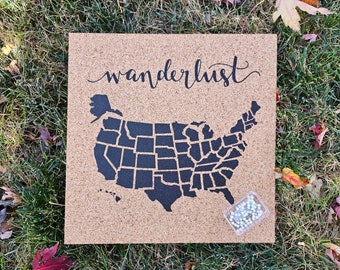 Wanderlust Map! Push Pin Cork Travel Map of the United States - Pinnable Cork Map of the USA - Travel Map