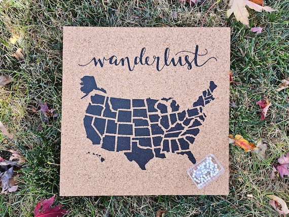 Wanderlust Map! Push Pin Cork Travel Map of the United States - Pinnable Cork Map of the USA - Travel Map