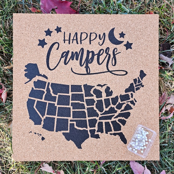 Happy Campers - Pinnable Cork Map of the USA - United States Travel Map / Bulletin Board / RV Camping Tracker