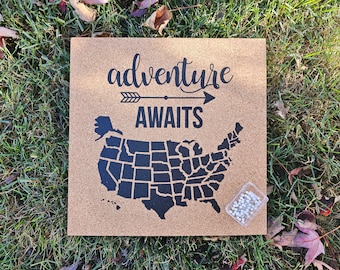 Adventure Awaits - Pinnable Cork Map of the USA - United States Travel Map / Bulletin Board - Includes 50 Round Pins!