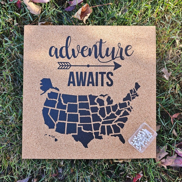 Adventure Awaits - Pinnable Cork Map of the USA - United States Travel Map / Bulletin Board - Includes 50 Round Pins!