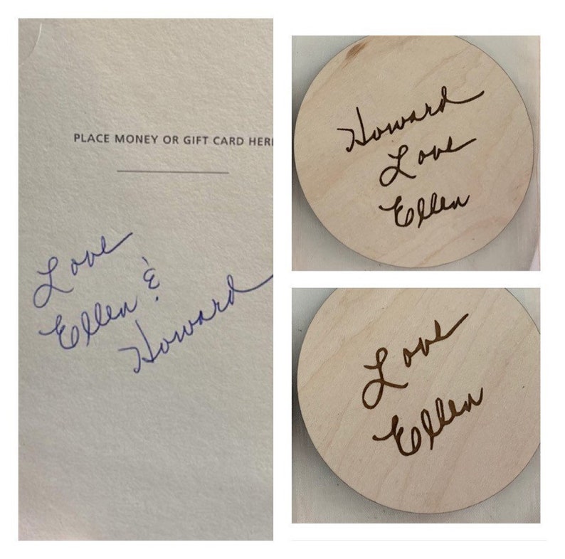 May include: Two wooden circles with the words "Love Ellen" and "Howard Love Ellen" written on them in cursive.
