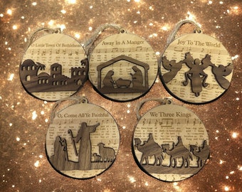 Rustic Wood Hymn Christmas Ornament • Nativity Scene, Three Kings