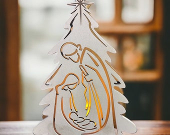 Laser Cut Nativity Votive Holder, Maple Christmas Tree Decoration