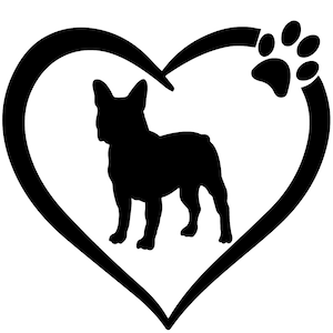 May include: Black silhouette of a French Bulldog inside a heart with a paw print on the right side of the heart.