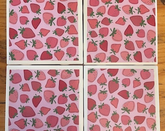 Strawberry Ceramic Coasters: Pink & Red Summer Kitchen Decor