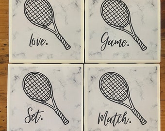 Set of Four Tennis Ceramic Coasters|Gift for Tennis Player|Tennis Lover|Tennis Racket Coaster| Safe against heat/cold | FREE SHIPPING