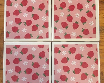 Strawberry Ceramic Coasters Set: Pink Summer Kitchen Decor (4.25")