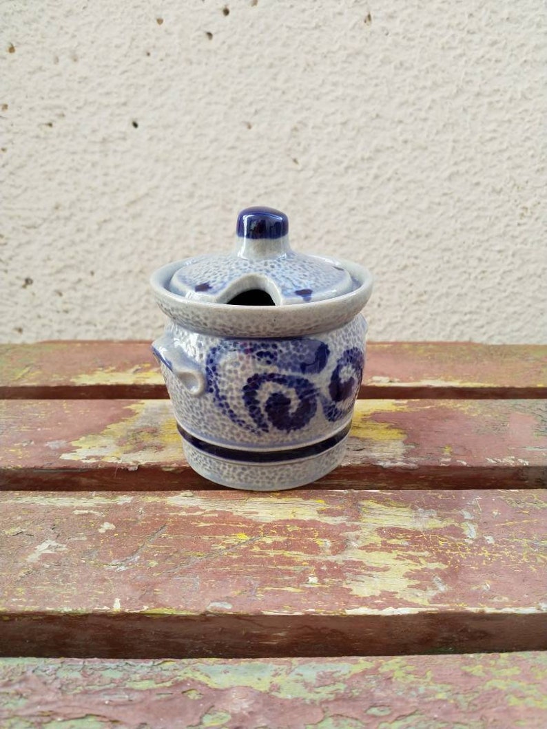Vintage German Blue sugar bowlMarzi and Remy sugar bowl with lid and no scoopSugar containersmall ceramic sugar bowl