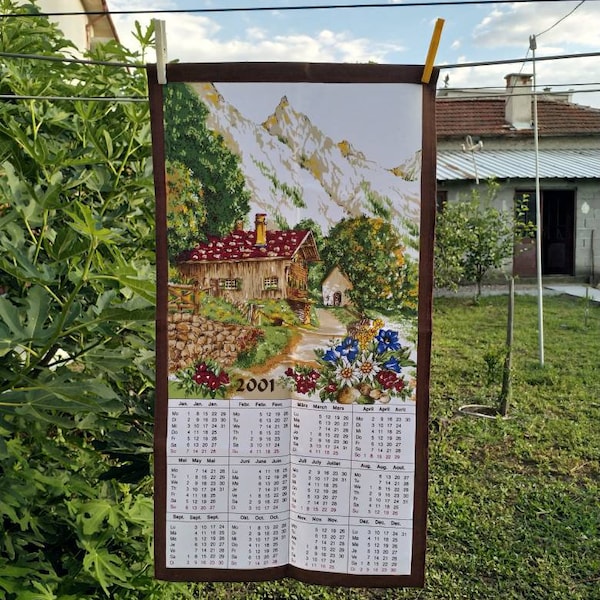Vintage tea towel calendar 2001 Austrian mountain hut and edelweiss flower scenary print