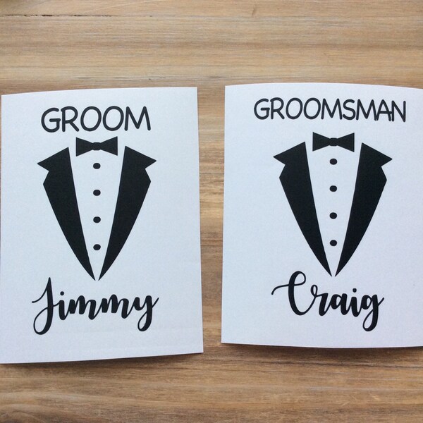 Groomsmen decal, best man decal, tuxedo decal, wedding name role decal, Pint glass decal, Whisky glass decal, hip flask decal, DIY Bride