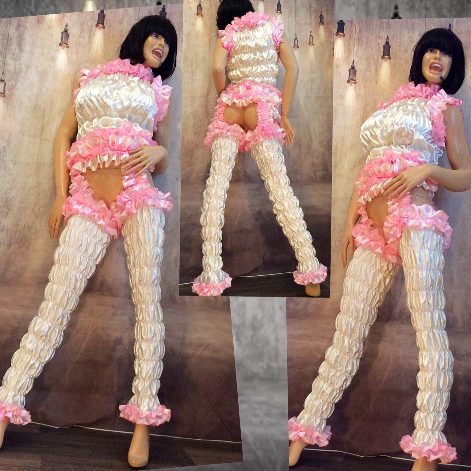 Image of Enfemme Boutique ~ High Shine Silky Soft Luxury Satin Sissy Maid Elasticated Suspenders Stockings With Sleeveless Top, Made To Measure