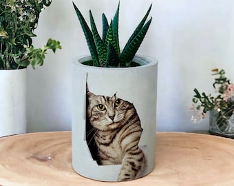 Kat gedrukt betonnen plantenbak, kattenliefhebbers geschenken, handgemaakte Moederdag cadeau, pot met schattige kat, huisdier liefhebbers cadeau, moeder cadeau, cadeau voor haar