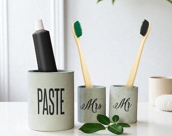 Mr and Mrs Concrete Bathroom Set: Handmade Toothbrush & Toothpaste Holders