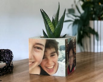 4 Photos On Concrete Planter, Personalized Pot, Mothers Day Gift, Custom Photo Planter, Handmade Item, Photo Gift, Home Decor, Gift For Her