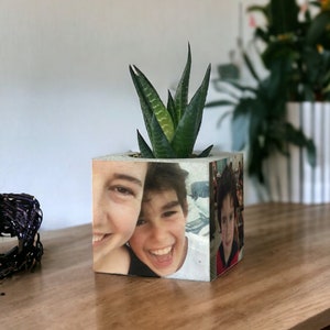 4 Photos On Concrete Planter, Personalized Pot, Mothers Day Gift, Custom Photo Planter, Handmade Item, Photo Gift, Home Decor, Gift For Her