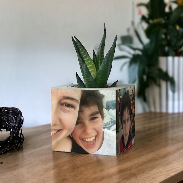 4 Photos On Concrete Planter, Personalized Pot, Mothers Day Gift, Custom Photo Planter, Handmade Item, Photo Gift, Home Decor, Gift For Her