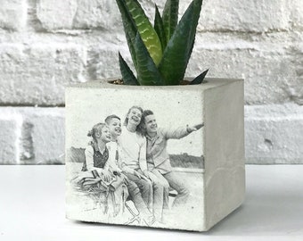 Charcoal Drawing Photo on Handmade Concrete Pot, Personalized Valentines Day Gift For Him, Custom Portrait, Custom Gift, Personalized Gift