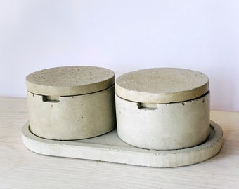 Concrete Salt & Pepper Cellars with Lids, Bathroom Storage Set, Kitchen Gifts For Her, Concrete Pinch Pot, Cement Lidded Spice Jars, Holders