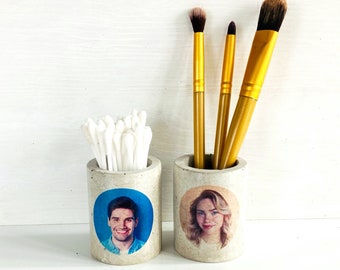 Set of 2 Photo Printed Concrete Toothbrush Stands, Customized Bathroom Set, Brush Holder, Christmas Gift, Bathroom Accessories, Gift For Him