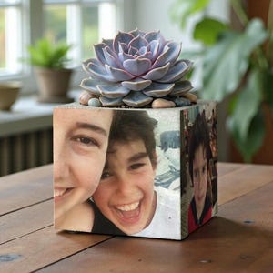 May include: A square planter featuring printed photographs of three different people on its sides. A large, light purple succulent plant with thick, layered leaves sits in the top opening, surrounded by small, smooth, multi-coloured river stones.