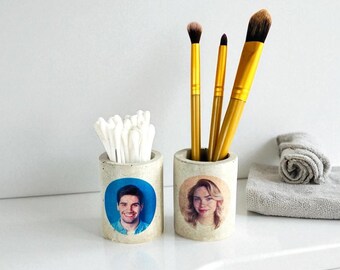 Set of 2 Photo Printed Concrete Toothbrush Stands: Personalized Bathroom Decor