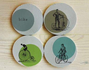 Bicycle Printed Concrete Coasters, Set Of 4 Concrete Coasters, Housewarming Gift, Christmas Gift For Her / Him, Cement Home Decor