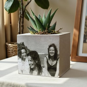 Könnte beinhalten: Ein quadratischer Beton-Blumentopf mit einem Schwarz-Weiß-Foto von drei Frauen. Der Topf enthält eine grüne Sukkulentenpflanze. Der Topf steht auf einer weißen Oberfläche.