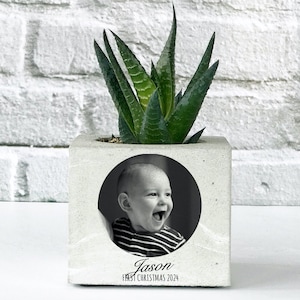 First Christmas Celebration Concrete Planter, Planter With Your Baby Photo, Customized Gift, Personalized Gift, Baby Gift, Keepsake Gift
