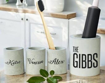 Personalized Concrete Bathroom Set: Toothbrush & Toothpaste Holder