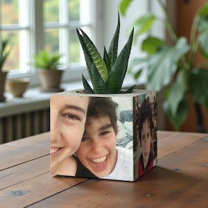 Personalized Photo Planter with 4 Photos, Handmade Concrete Pot, Custom Photo Mothers Day Gift, Home Gift For Grandma