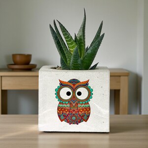 Customizable Owl Print Concrete Planter: Handmade Succulent & Cactus Holder