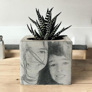 Charcoal Drawing Photo on Handmade Concrete Pot, Custom Portrait Gift, Personalized Dad Gift, New Dad Gift, Grandpa Gift, Father's Day Gift