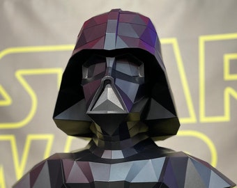 May include: A black, geometric bust of Darth Vader from Star Wars. The bust is on a black pedestal with a white information card about the character. The card includes details about Darth Vader's gender, species, affiliations, locations, dimensions, and vehicles.