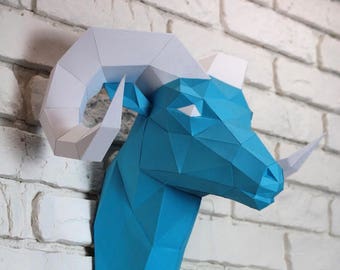 Diy Paper Sculpture - Ram Head, Paper Trophy,  Animal Trophy, Loft Decor, Wall Decor, 3D papercraft model, animal head, lowpoly paper, DIY