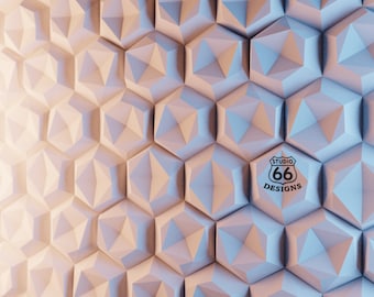 May include: A white geometric pattern with a hexagonal design. The pattern is made up of small, raised triangles. The pattern is lit from the left side, creating a gradient of light and shadow. The text "Studio 66 Designs" is in the center of the image.
